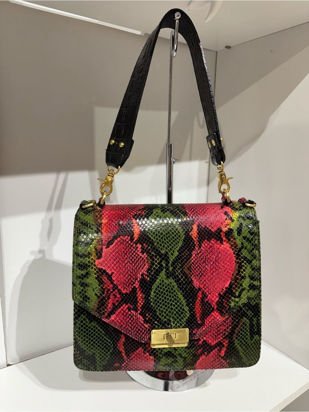 Brahmin Ophelia Green & Pink Snakeskin Shoulder Bag with Black Strap